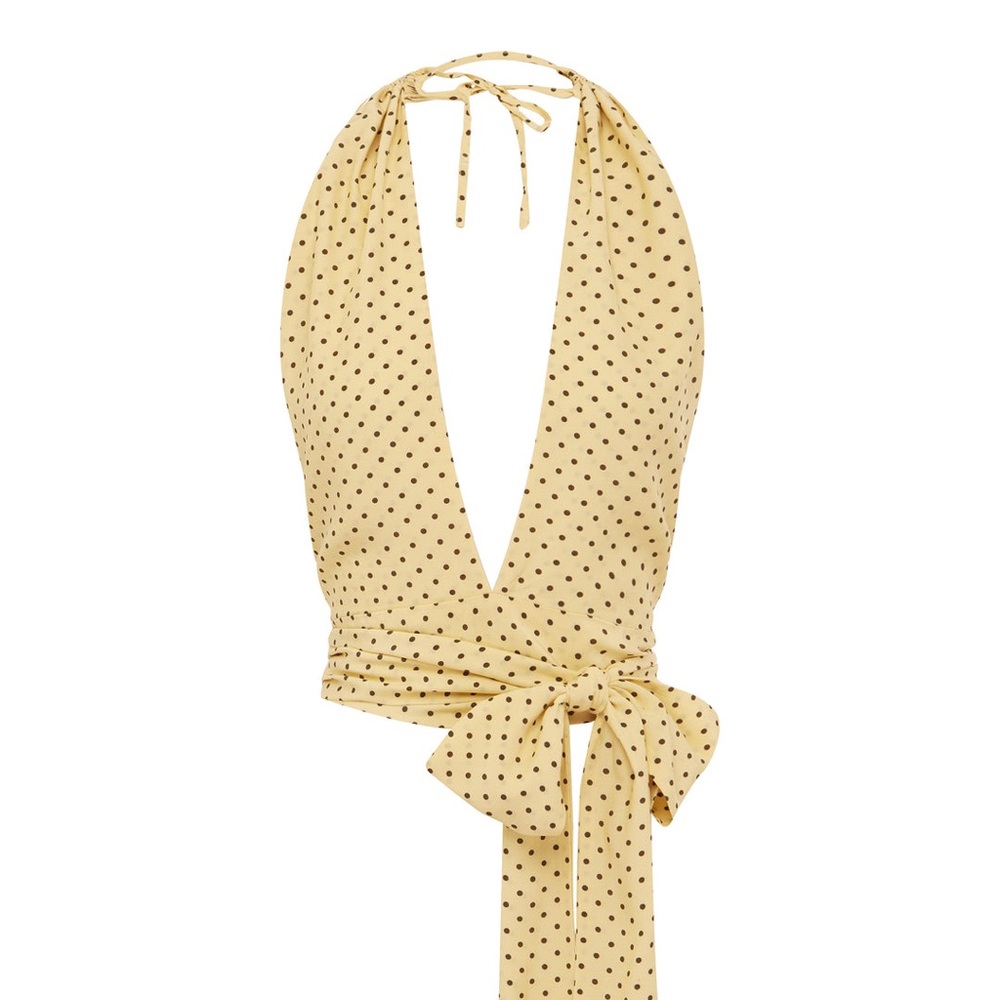 With Jean Yellow Polka Dot Halter Tie Top